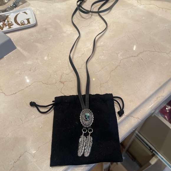 King Baby Studio leather bolo.  Sterling silver feathers and turquoise. - Picture 2 of 8